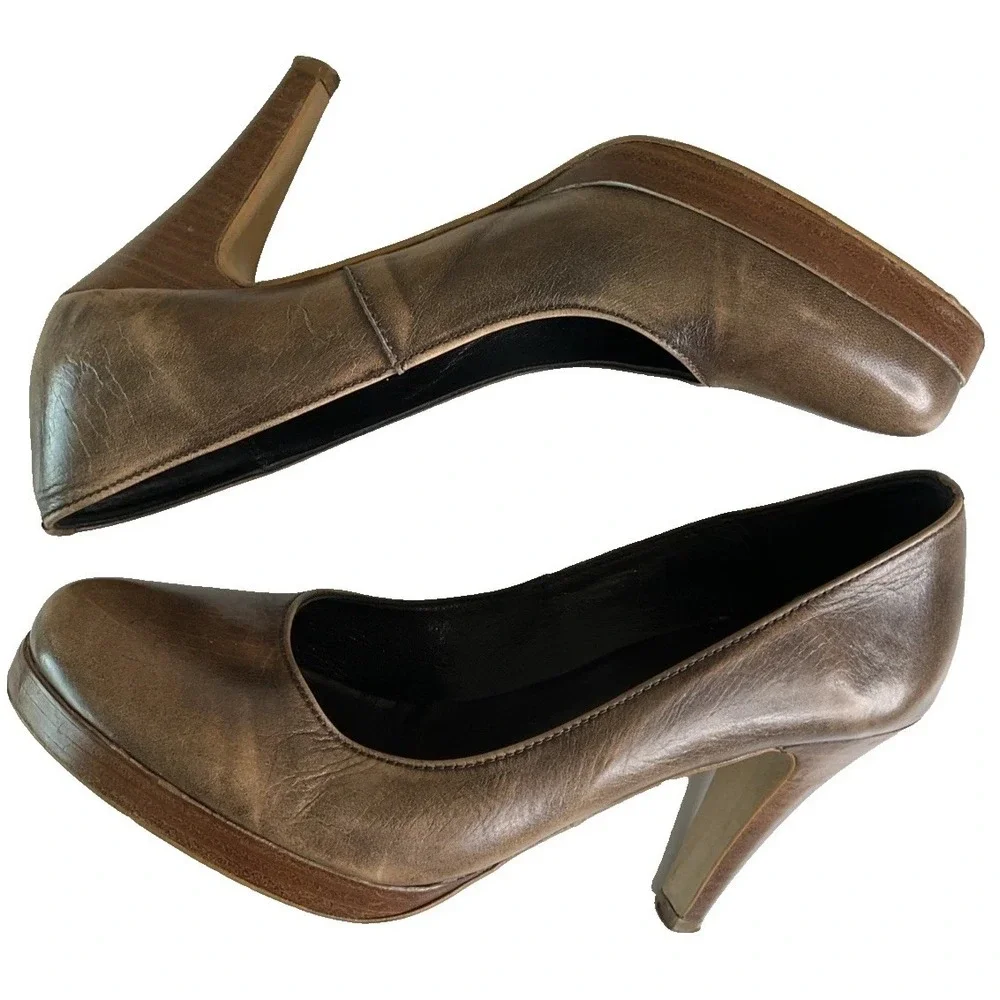 Jonak Paris Brown Leather Round Toe Block Platform Chunky Heels Retro Y2K 39 / 8